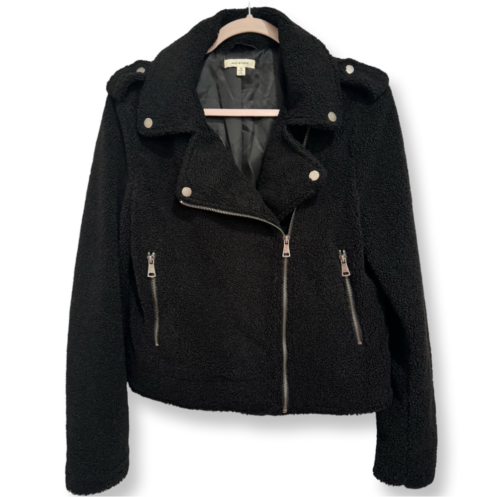 MAX STUDIO‎ ASYMMETRICAL MOTO JACKET FAUX FUR BLACK COLLARED EDGY STREETWEAR MED - Picture 2 of 7